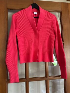 CAbi Madame Hot Vibrant Coral Pink Ribbed Shawl Collar Cardigan 4651